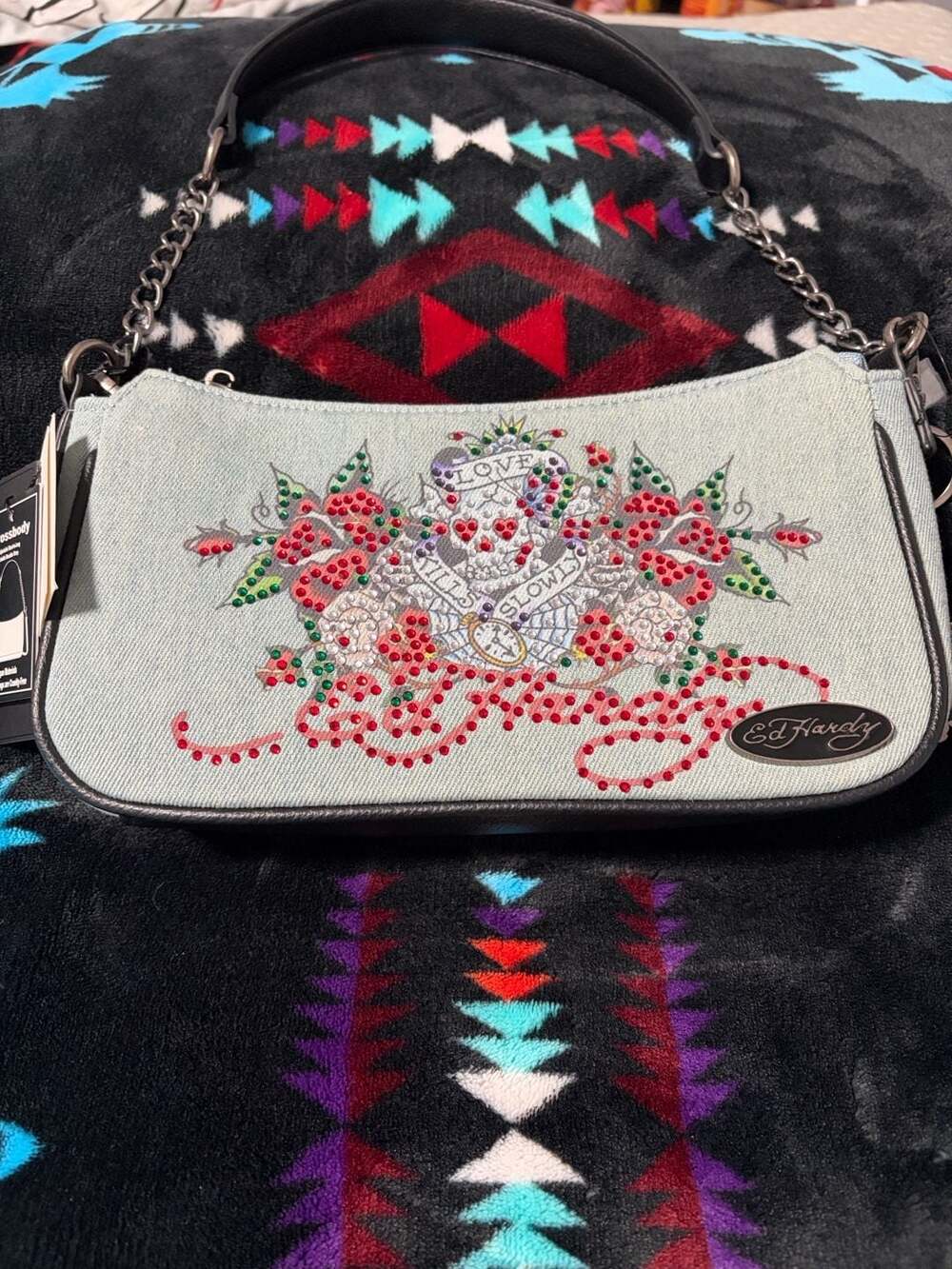 Ed Hardy Love Kills Slowly Denim Crossbody Bag red Rhinestone
